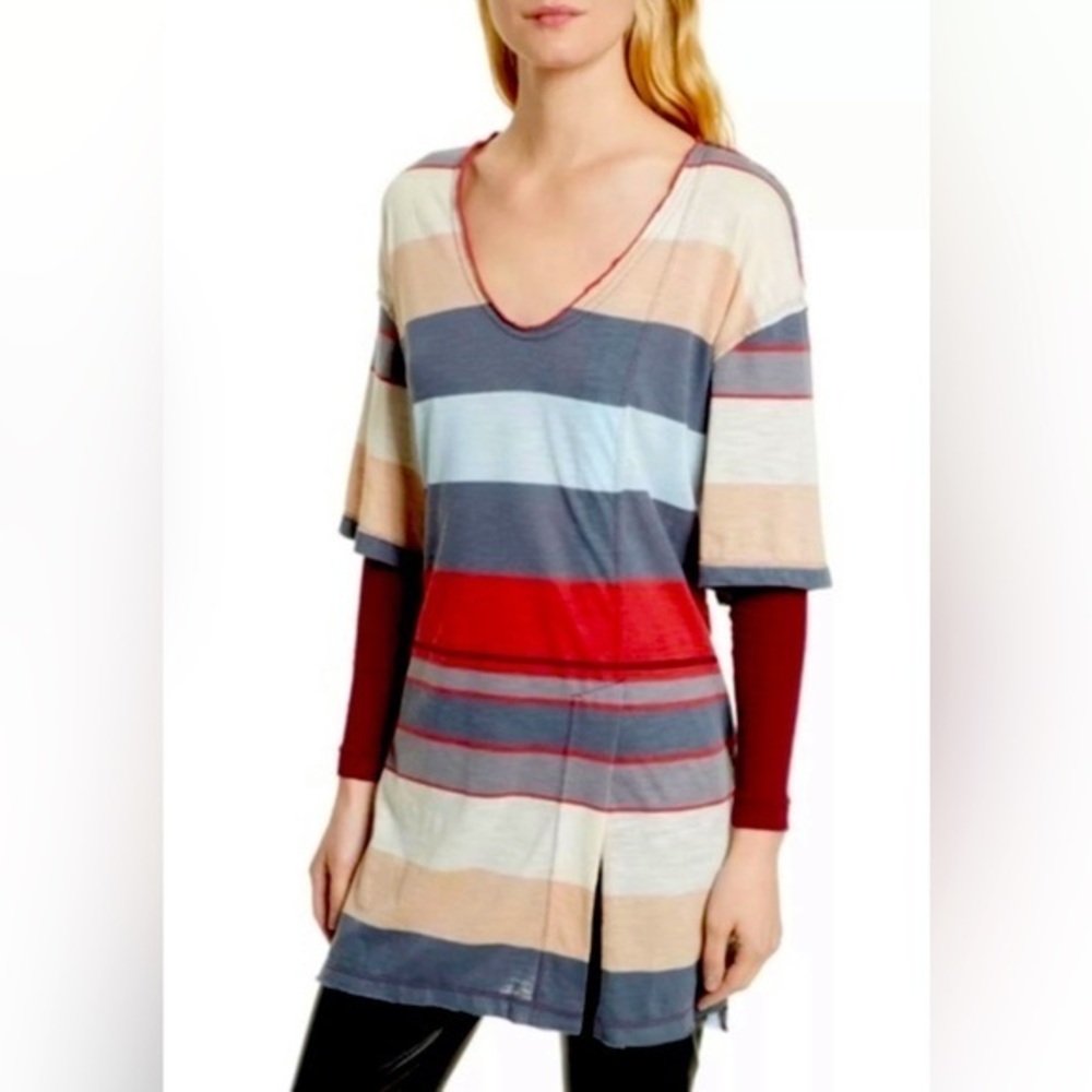 We the Free People Womens Kate Stripe Tunic Top XS Slate Red Blue V-Neck